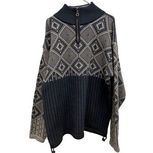 VTG Christiania Norwegian Sweater Mens Large Black Gray Wool Fair Isle Nordic